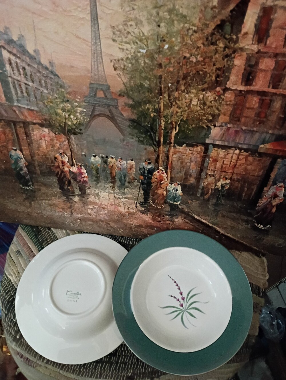 Cavalier Eggshell Ceramic Salad/Dessert Bowl Teal Rim & Floral. 🪴Made In U.S.A.